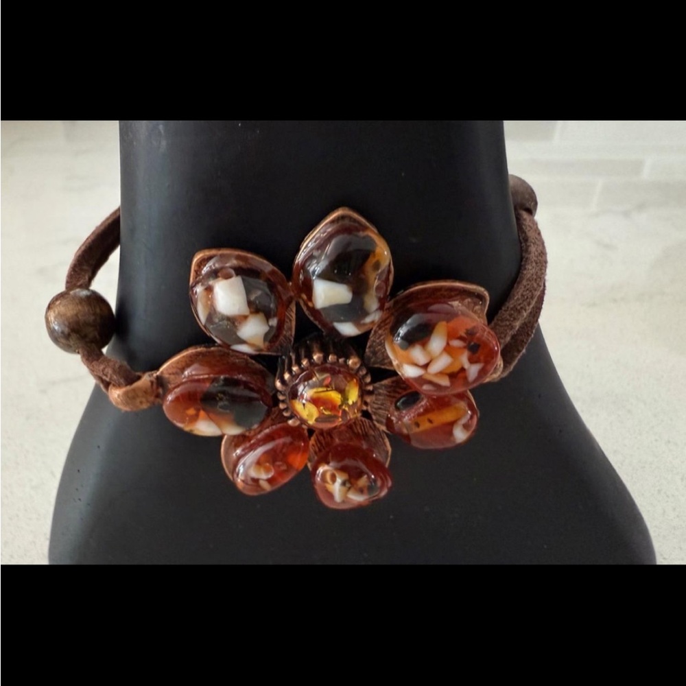 Vintage Copper & Amber Stone Link Bracelet Leather Toggle Clasp 7"